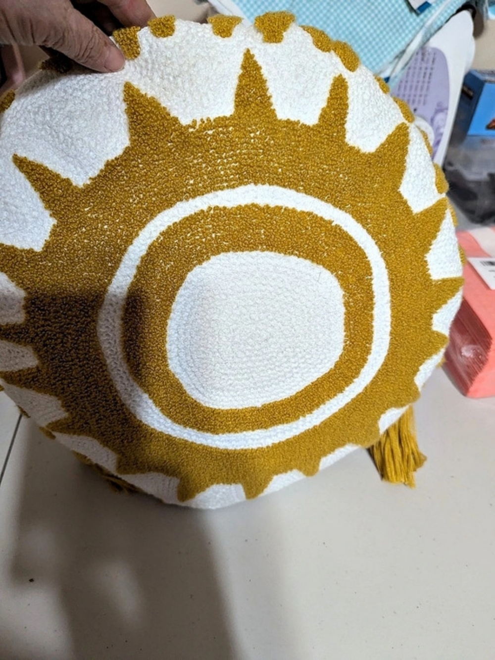 Sun Motif Tassel Accent Pillow in White & Yellow